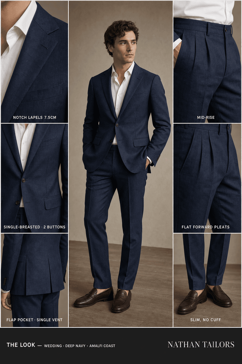 deep navy single-breasted notch-lapel online custom suit — designed online at RemoteSuit. Made-to-measure online custom suit available from $149.