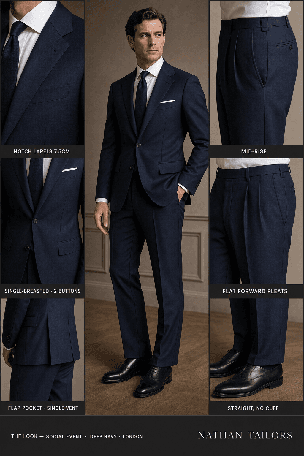 deep navy single-breasted notch-lapel online custom suit — designed online at RemoteSuit. Made-to-measure online custom suit available from $129.