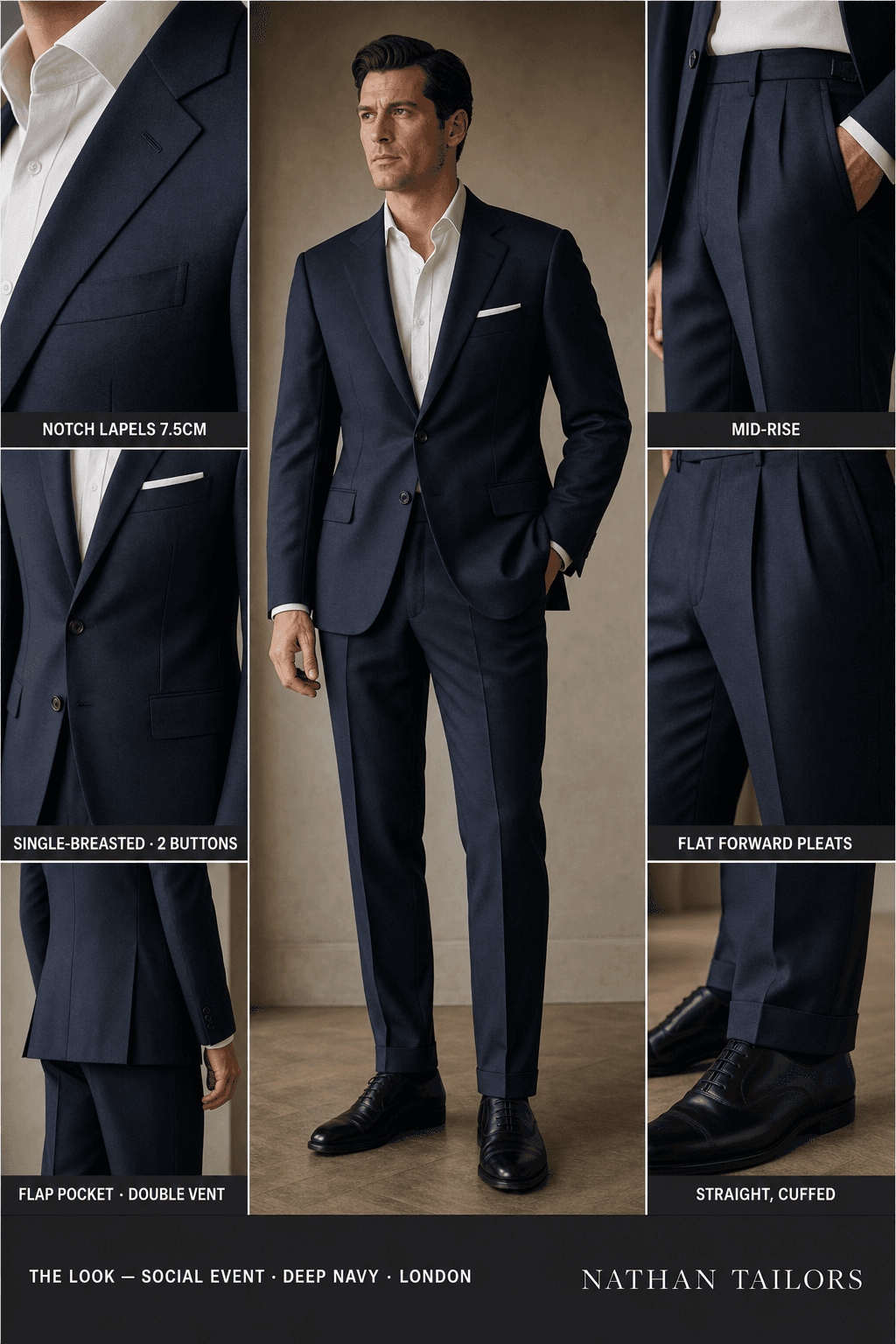 deep navy single-breasted notch-lapel online custom suit — designed online at RemoteSuit. Made-to-measure online custom suit available from $129.