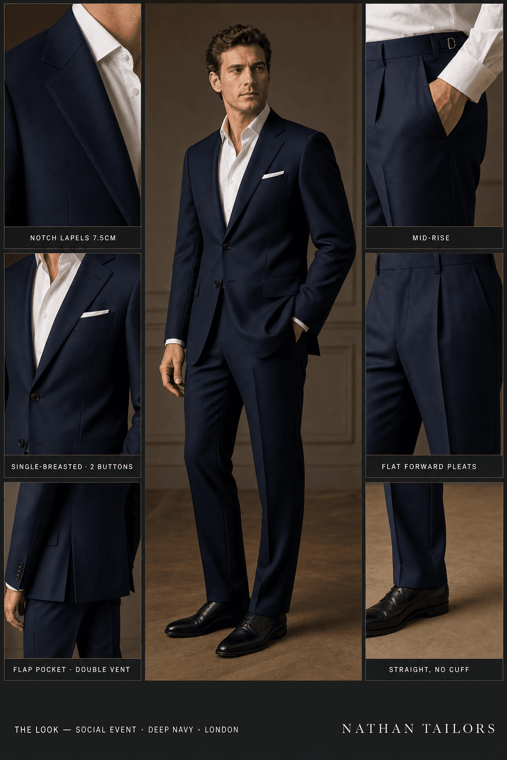 deep navy single-breasted notch-lapel online custom suit — designed online at RemoteSuit. Made-to-measure online custom suit available from $129.
