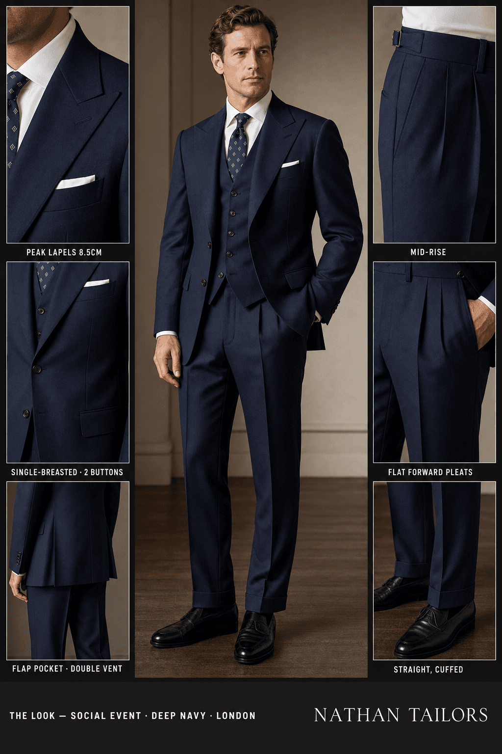 deep navy single-breasted peak-lapel online custom suit — designed online at RemoteSuit. Made-to-measure online custom suit available from $129.