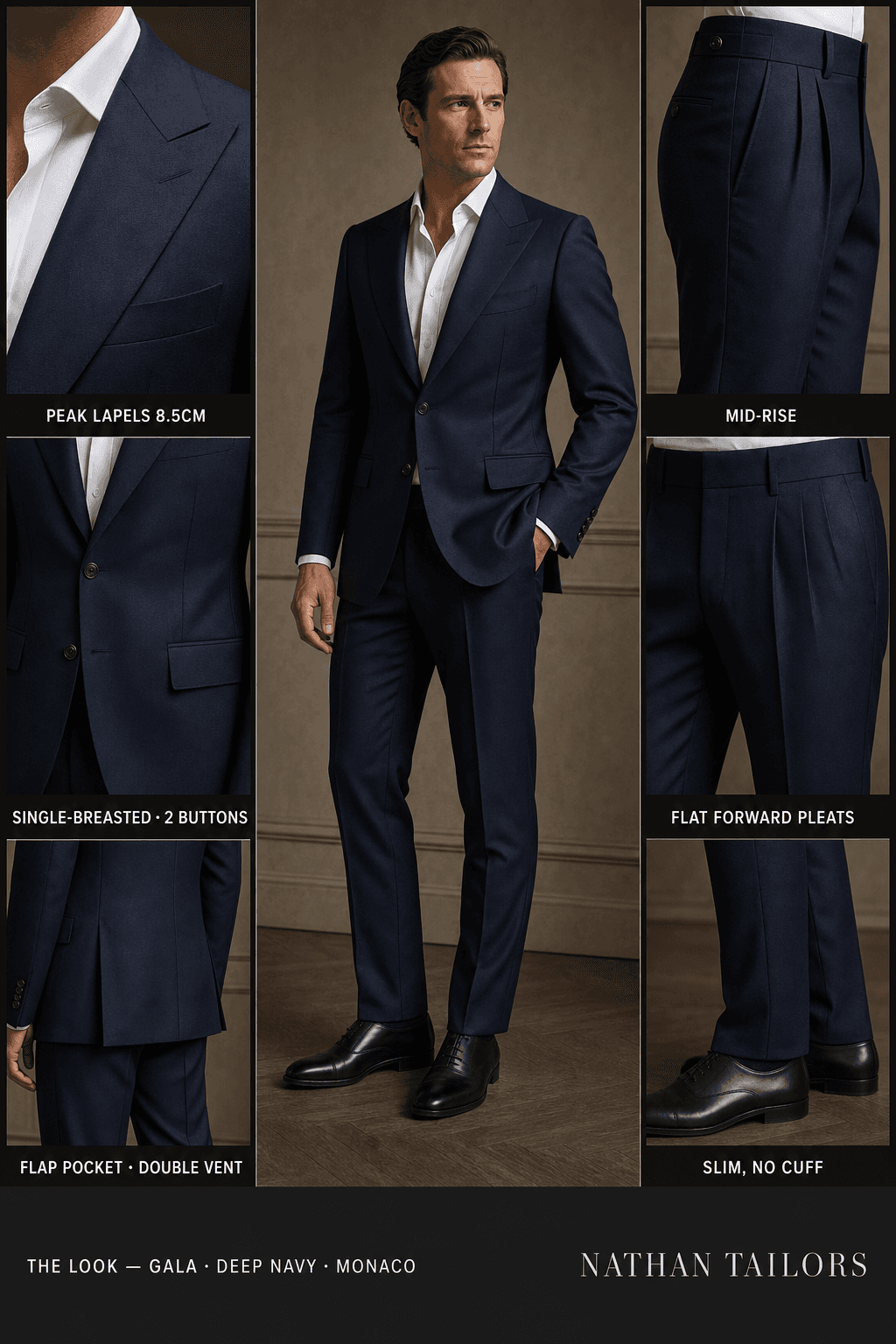 deep navy single-breasted peak-lapel online custom suit — designed online at RemoteSuit. Made-to-measure online custom suit available from $129.