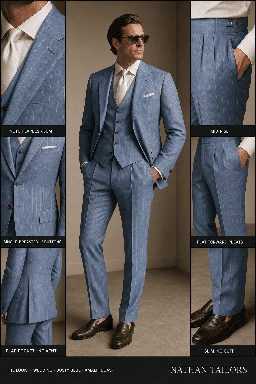 dusty blue chalk stripe single-breasted notch-lapel online custom suit — designed online at RemoteSuit. Made-to-measure online custom suit available from $149.