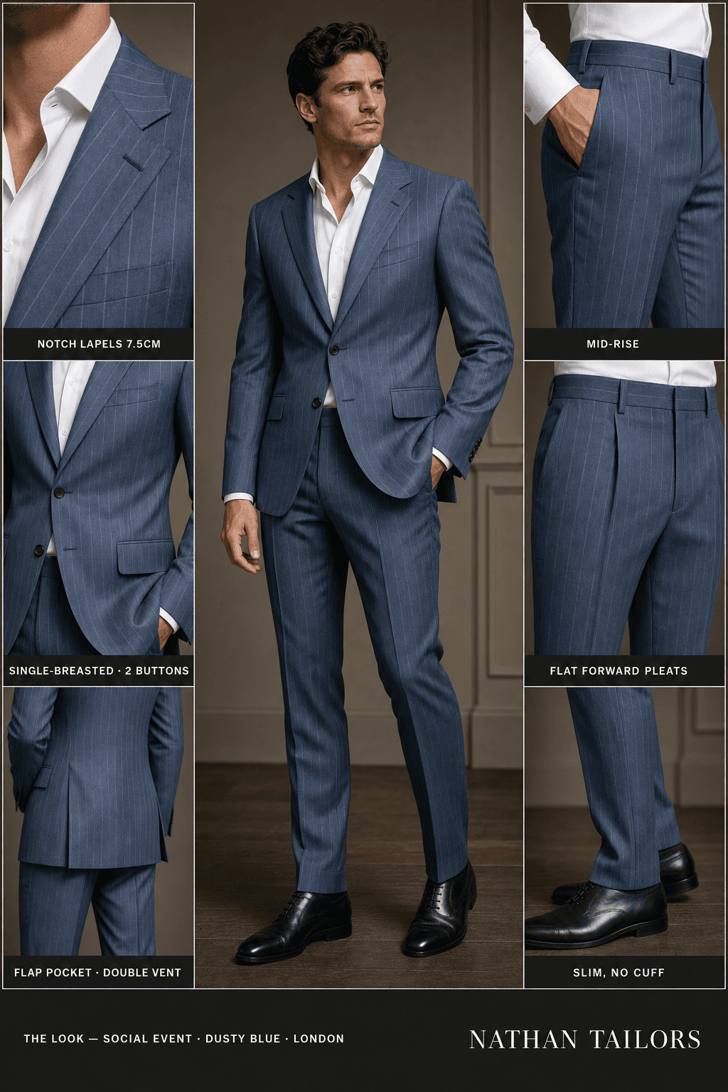 dusty blue chalk stripe single-breasted notch-lapel online custom suit — designed online at RemoteSuit. Made-to-measure online custom suit available from $129.