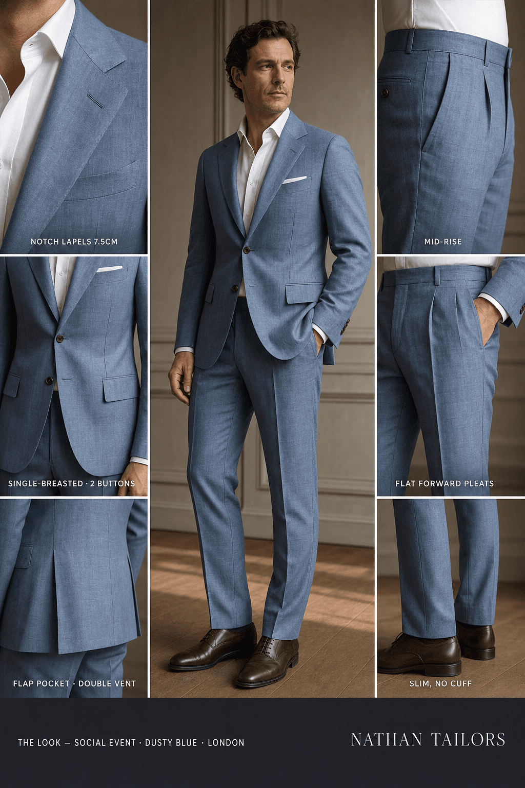 dusty blue single-breasted notch-lapel online custom suit — designed online at RemoteSuit. Made-to-measure online custom suit available from $129.