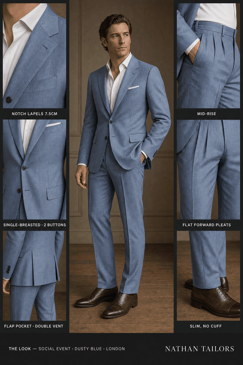 dusty blue single-breasted notch-lapel online custom suit — designed online at RemoteSuit. Made-to-measure online custom suit available from $129.