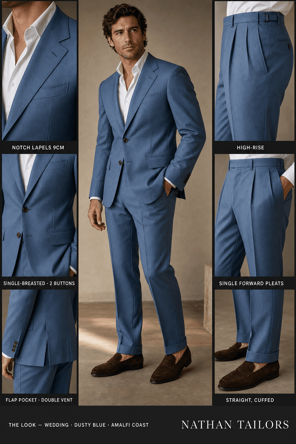 dusty blue single-breasted notch-lapel online custom suit — designed online at RemoteSuit. Made-to-measure online custom suit available from $129.