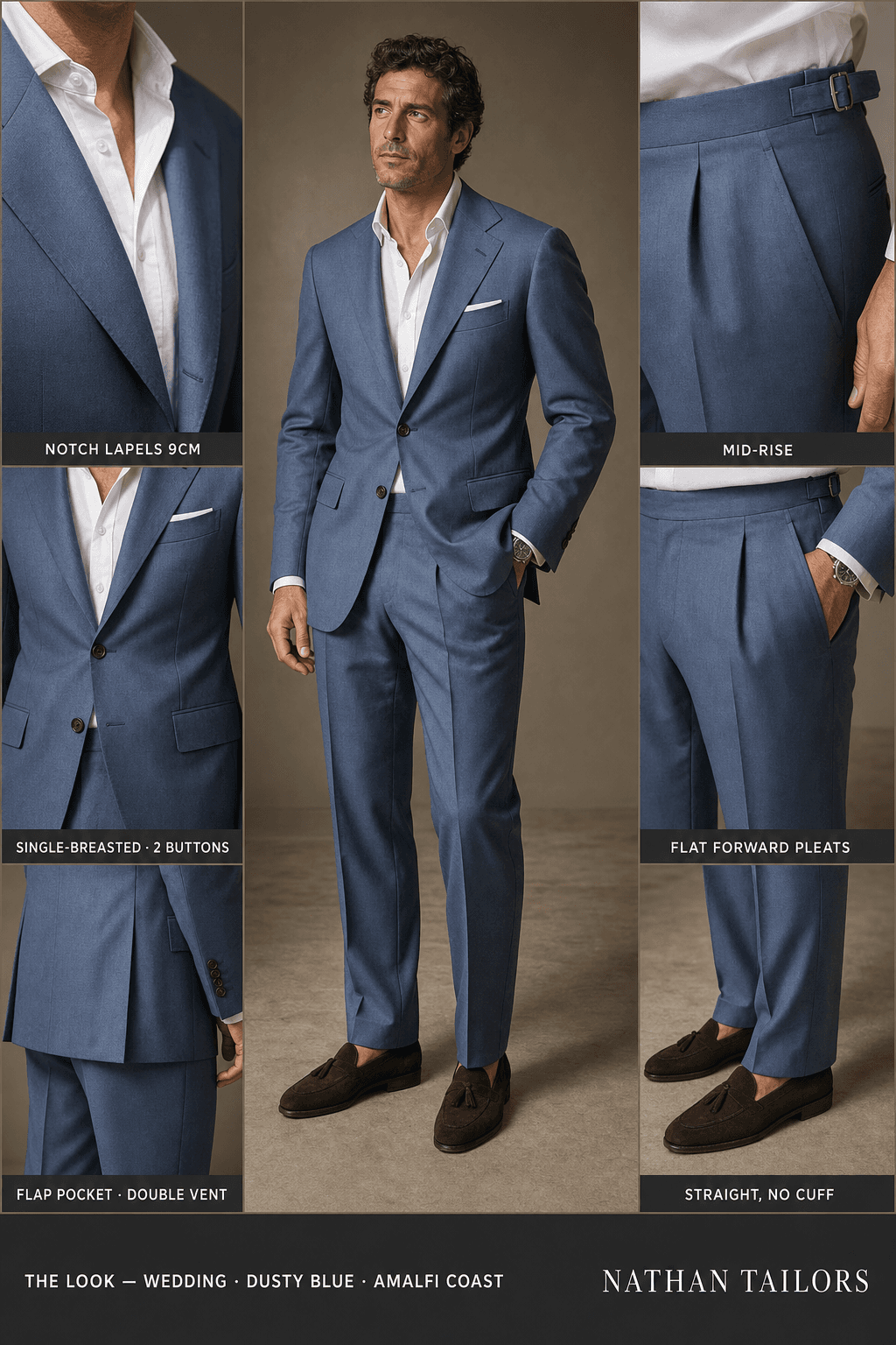 dusty blue single-breasted notch-lapel online custom suit — designed online at RemoteSuit. Made-to-measure online custom suit available from $129.