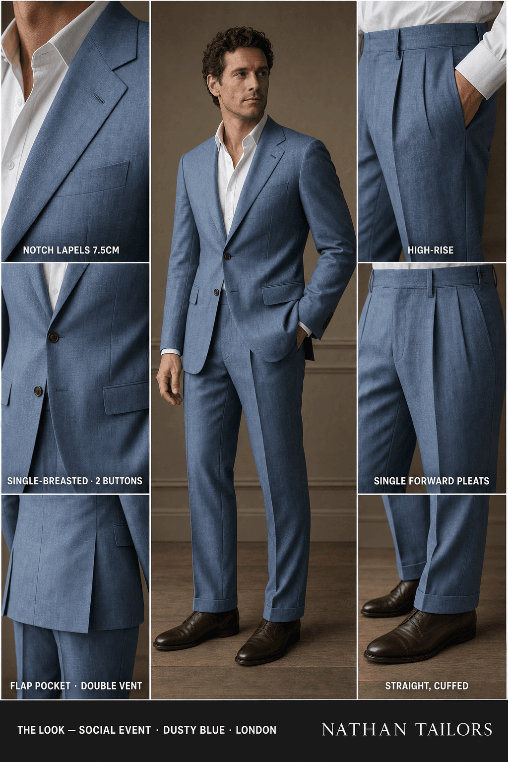 dusty blue single-breasted notch-lapel online custom suit — designed online at RemoteSuit. Made-to-measure online custom suit available from $129.