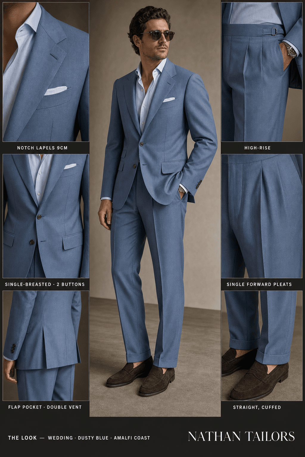 dusty blue single-breasted notch-lapel online custom suit — designed online at RemoteSuit. Made-to-measure online custom suit available from $129.