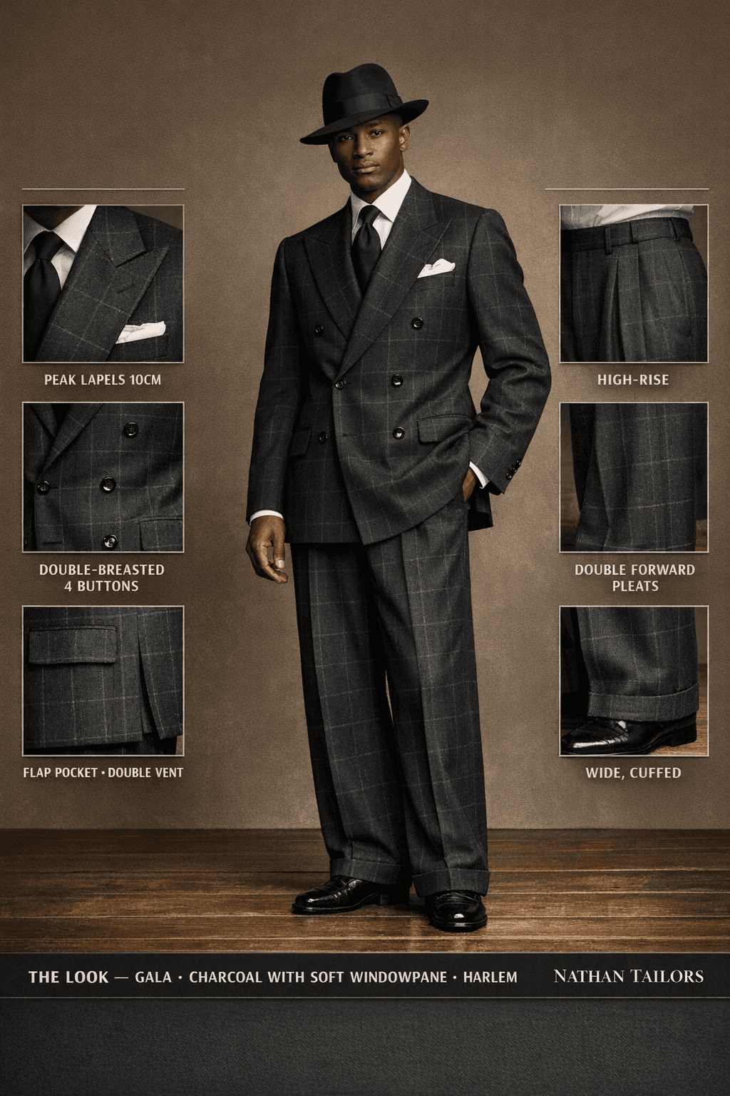 charcoal with soft windowpane double-breasted online custom suit — designed at RemoteSuit, made to measure online