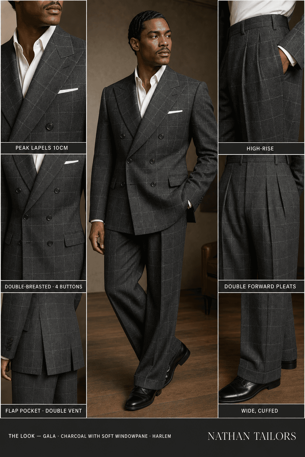 charcoal with soft windowpane windowpane double-breasted peak-lapel online custom suit — designed online at RemoteSuit. Made-to-measure online custom suit available from $129.