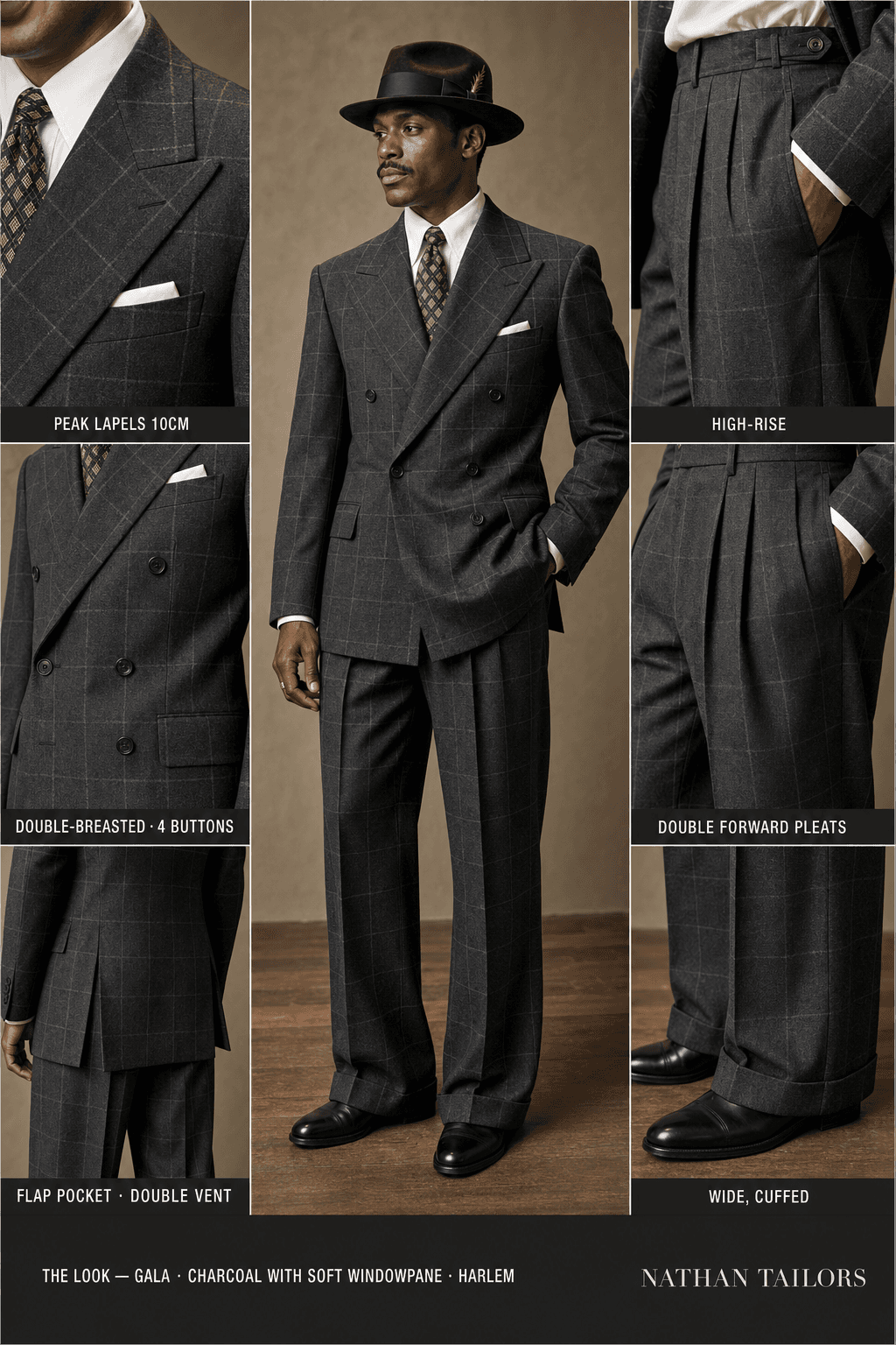 charcoal with soft windowpane windowpane double-breasted peak-lapel online custom suit — designed online at RemoteSuit. Made-to-measure online custom suit available from $149.