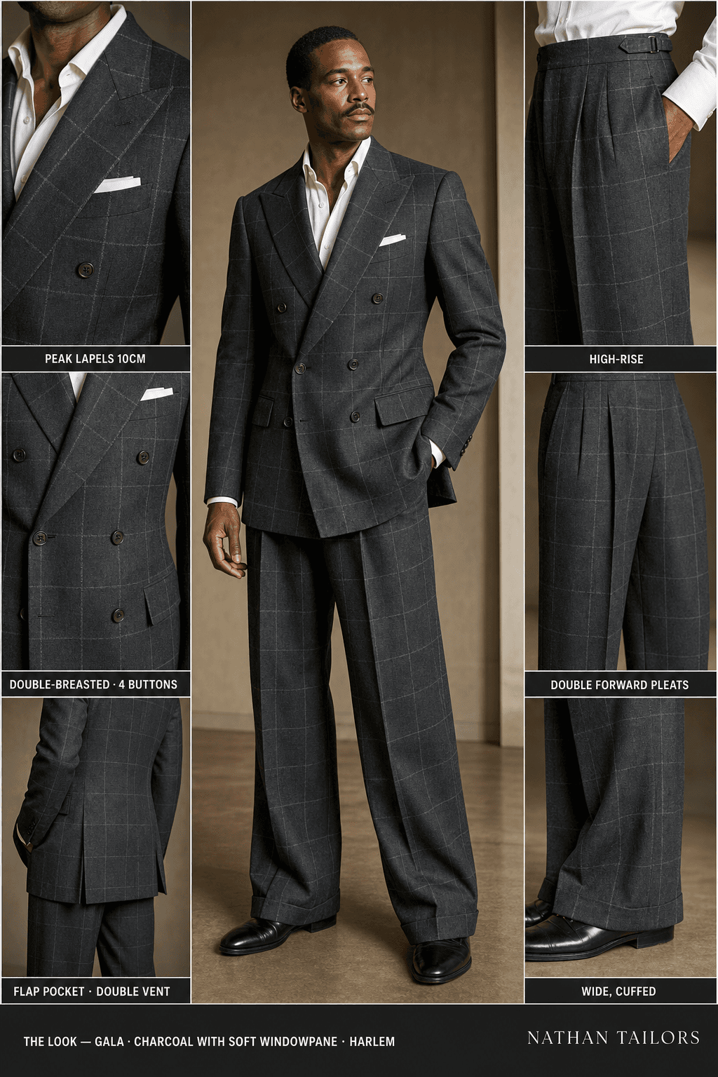 charcoal with soft windowpane windowpane double-breasted peak-lapel online custom suit — designed online at RemoteSuit. Made-to-measure online custom suit available from $129.