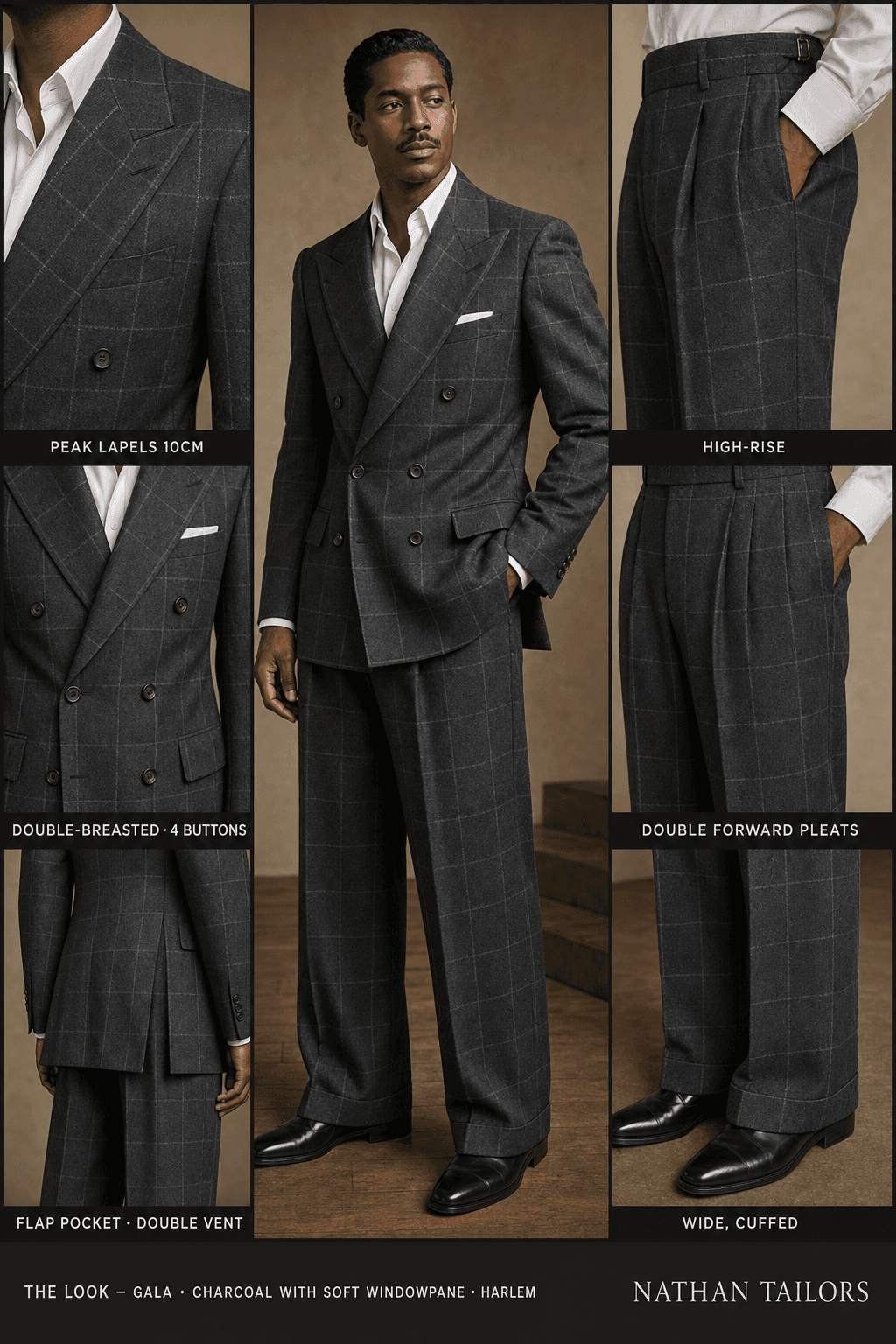 charcoal with soft windowpane windowpane double-breasted peak-lapel online custom suit — designed online at RemoteSuit. Made-to-measure online custom suit available from $129.