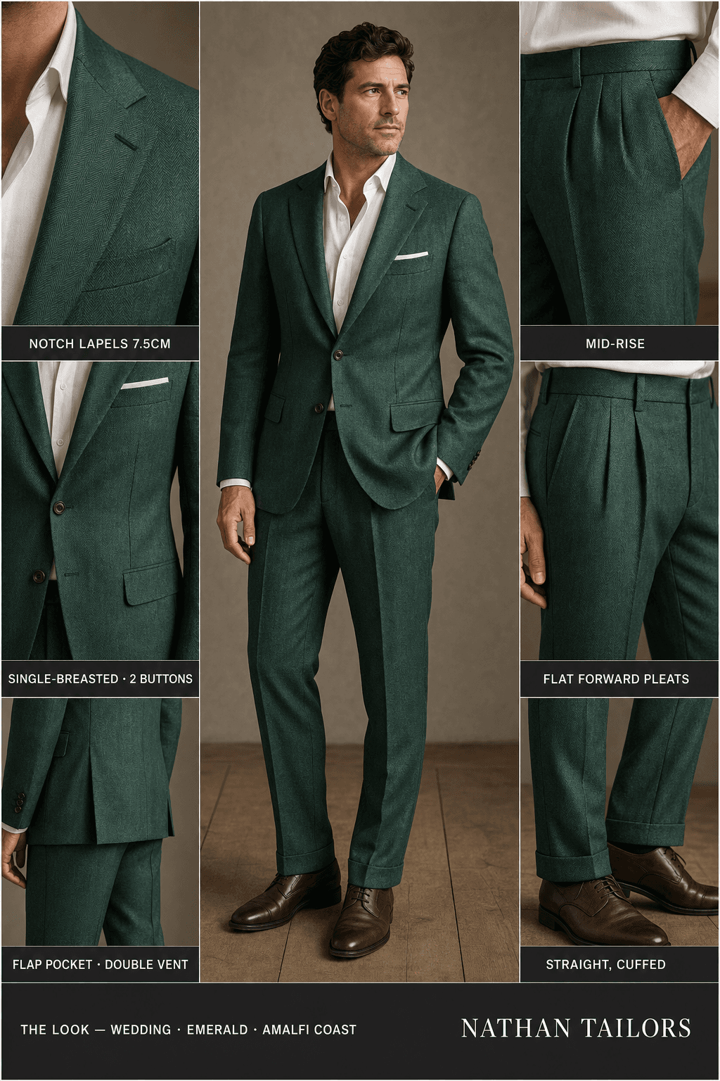 emerald herringbone single-breasted notch-lapel online custom suit — designed online at RemoteSuit. Made-to-measure online custom suit available from $109.