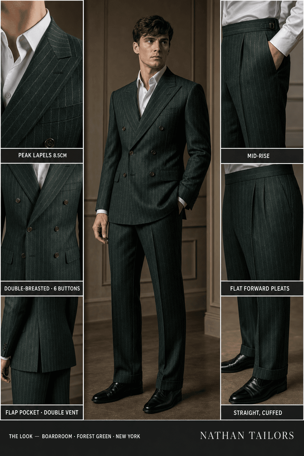 forest green chalk stripe double-breasted peak-lapel online custom suit — designed online at RemoteSuit. Made-to-measure online custom suit available from $129.