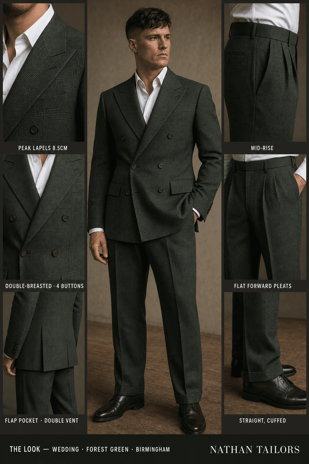 forest green glen plaid double-breasted peak-lapel online custom suit — designed online at RemoteSuit. Made-to-measure online custom suit available from $129.