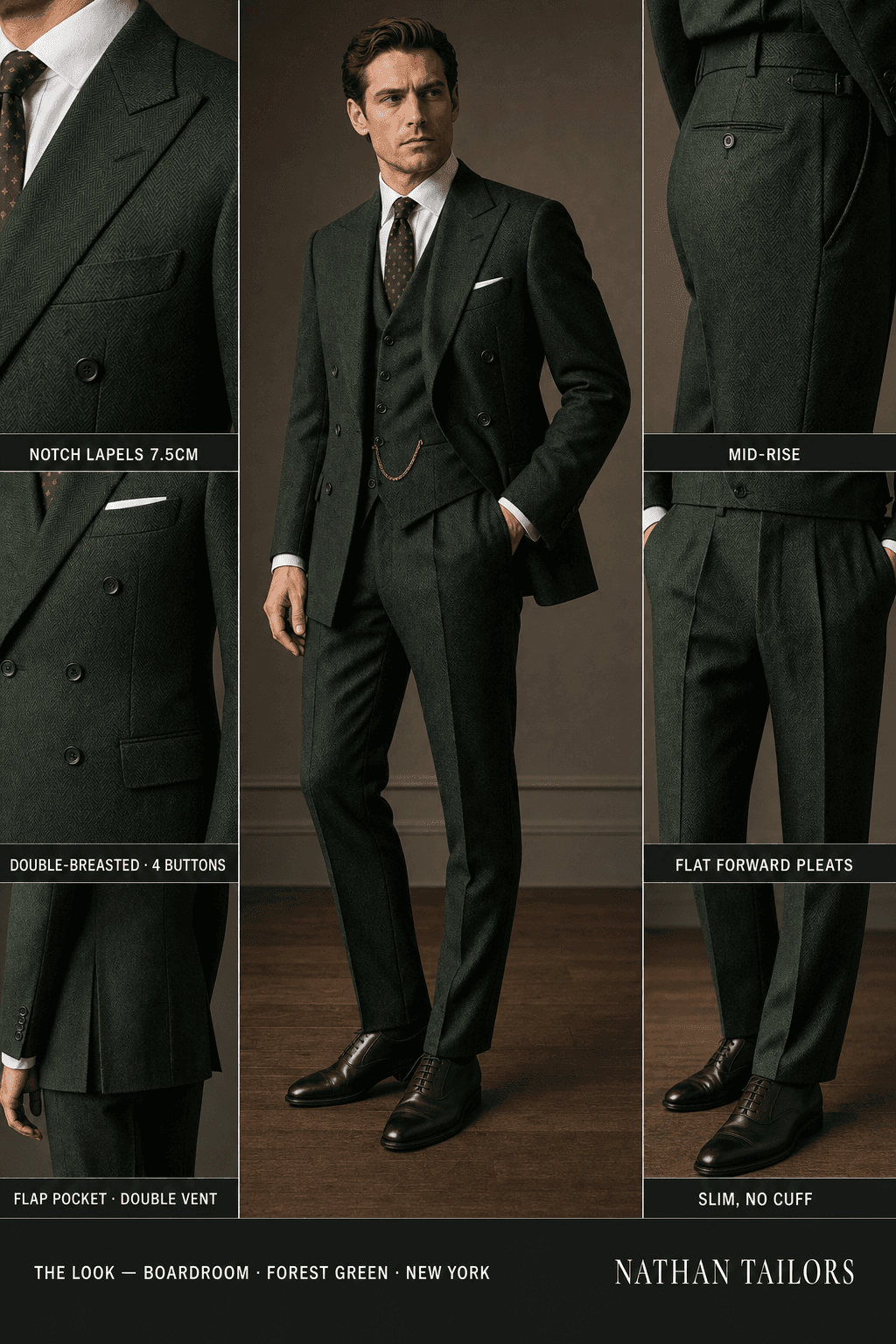 forest green herringbone double-breasted notch-lapel online custom suit — designed online at RemoteSuit. Made-to-measure online custom suit available from $129.