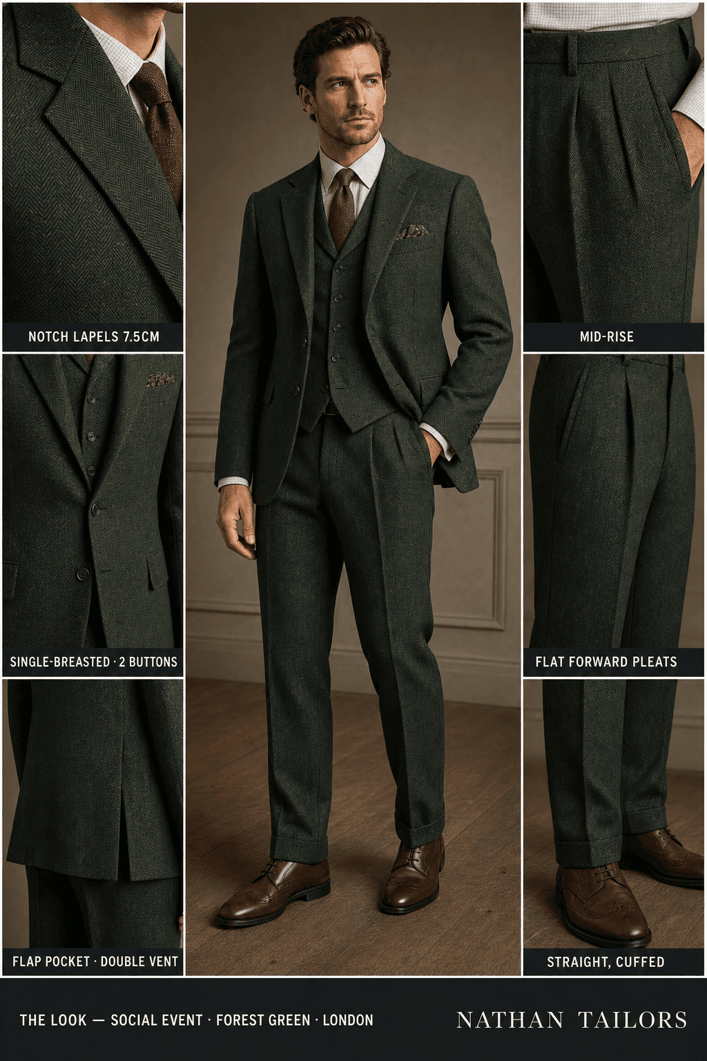 forest green herringbone single-breasted notch-lapel online custom suit — designed online at RemoteSuit. Made-to-measure online custom suit available from $129.