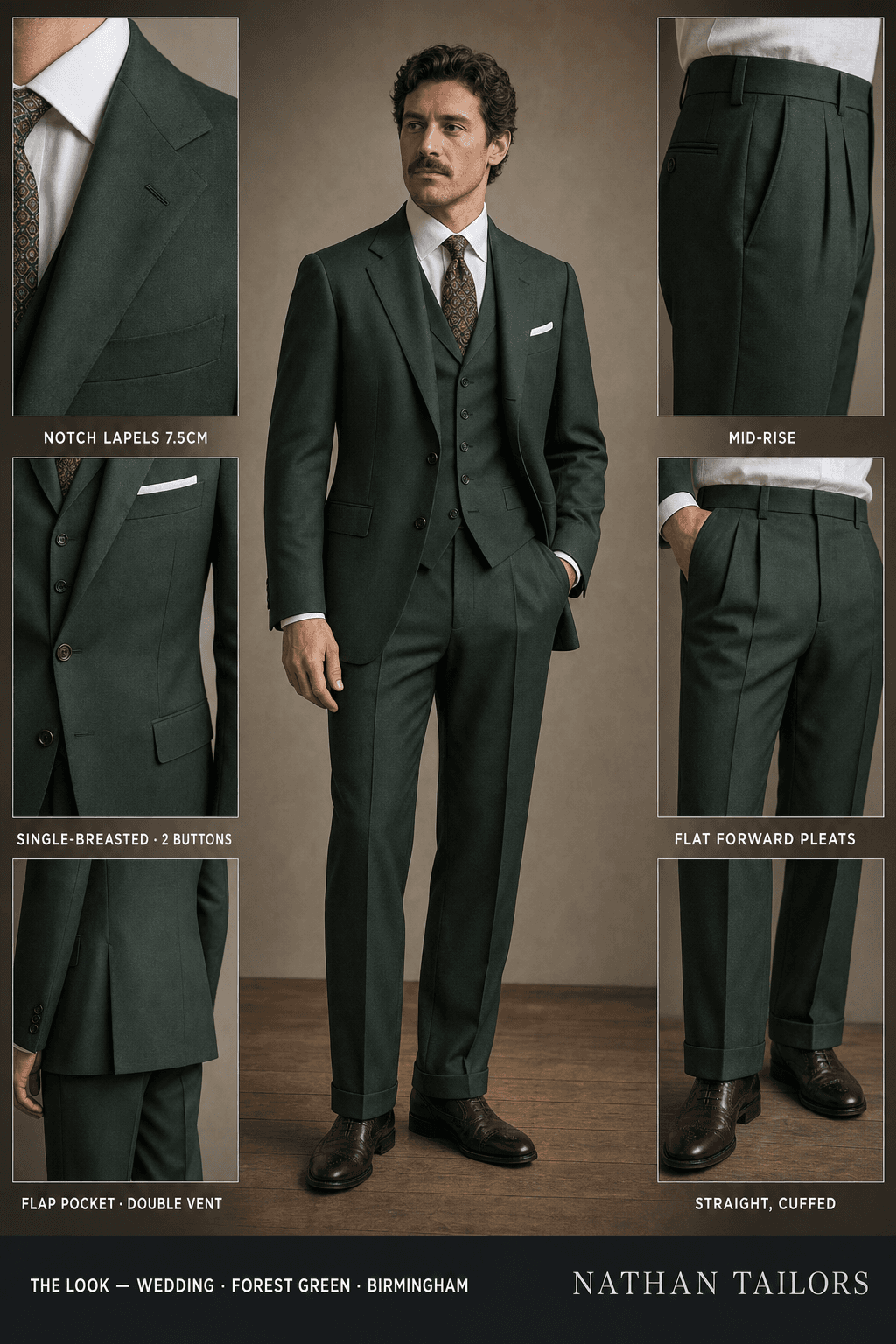 forest green single-breasted notch-lapel online custom suit — designed online at RemoteSuit. Made-to-measure online custom suit available from $149.