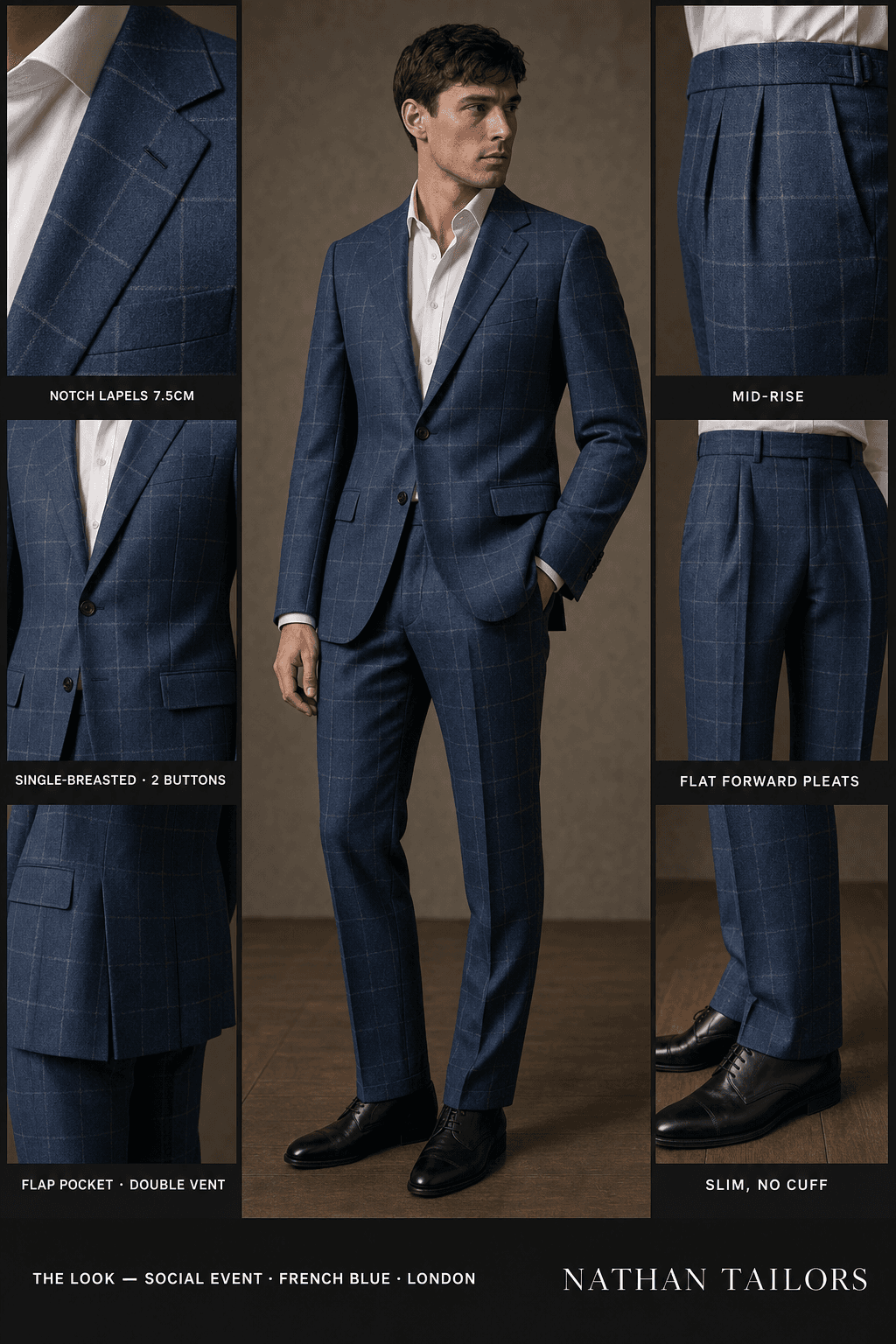 french blue windowpane single-breasted notch-lapel online custom suit — designed online at RemoteSuit. Made-to-measure online custom suit available from $149.