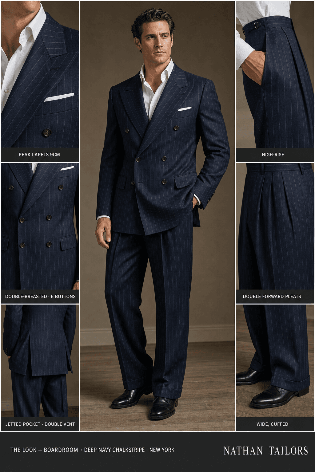 deep navy chalkstripe chalk stripe double-breasted peak-lapel online custom suit — designed online at RemoteSuit. Made-to-measure online custom suit available from $129.