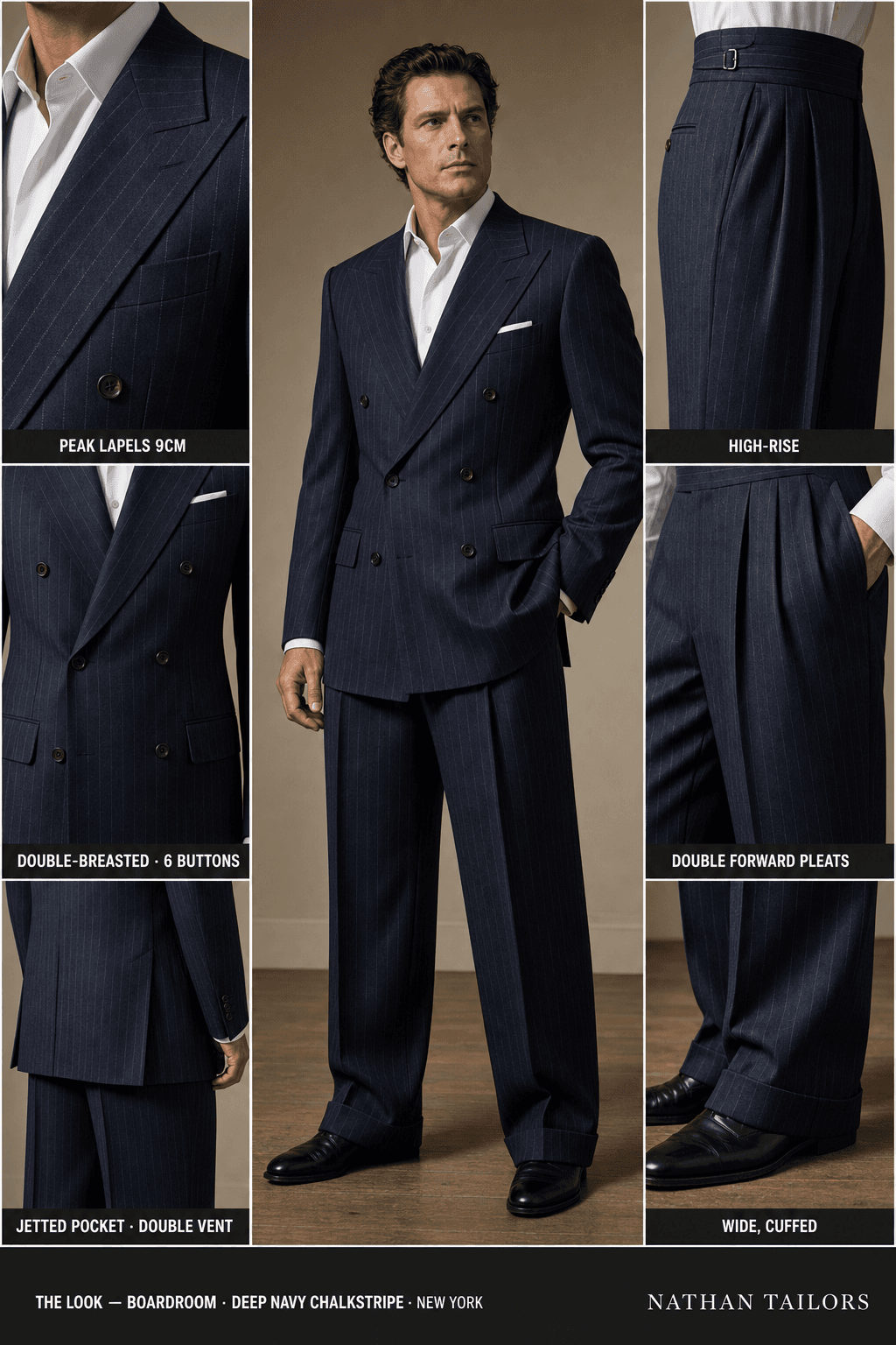 deep navy chalkstripe chalk stripe double-breasted peak-lapel online custom suit — designed online at RemoteSuit. Made-to-measure online custom suit available from $129.