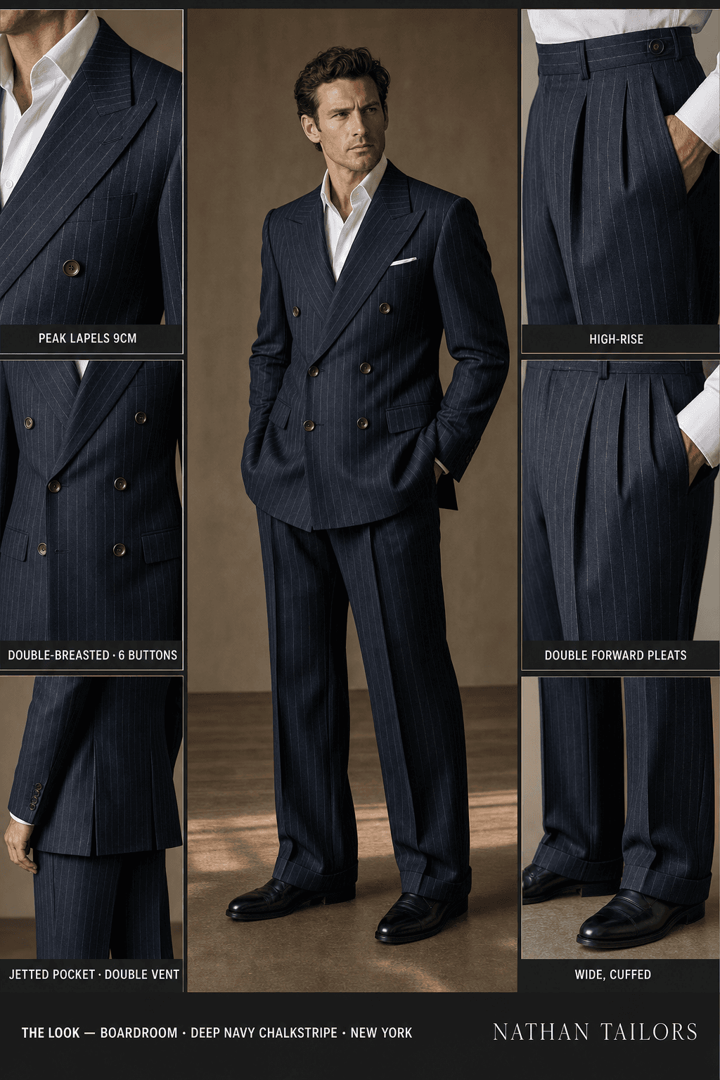 deep navy chalkstripe chalk stripe double-breasted peak-lapel online custom suit — designed online at RemoteSuit. Made-to-measure online custom suit available from $149.