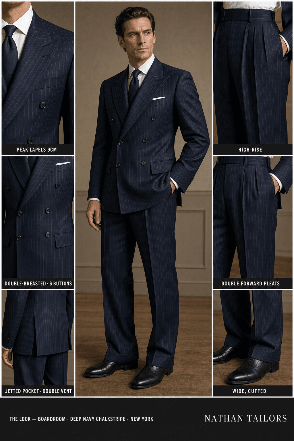 deep navy chalkstripe chalk stripe double-breasted peak-lapel online custom suit — designed online at RemoteSuit. Made-to-measure online custom suit available from $129.