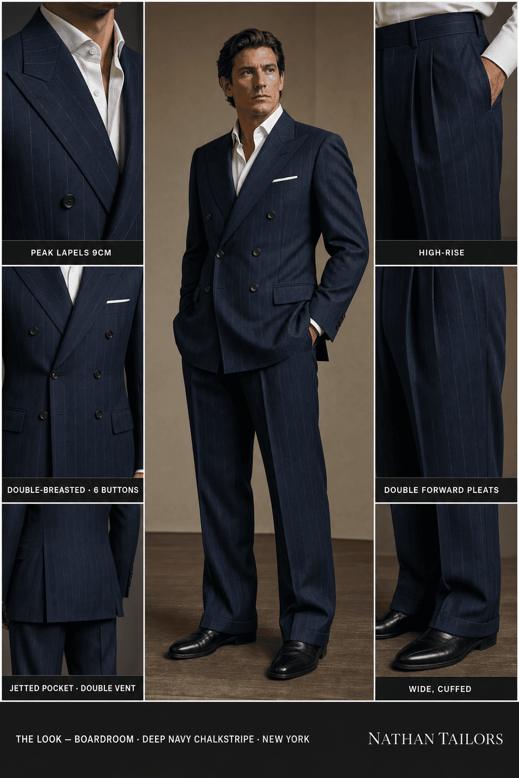 deep navy chalkstripe chalk stripe double-breasted peak-lapel online custom suit — designed online at RemoteSuit. Made-to-measure online custom suit available from $129.
