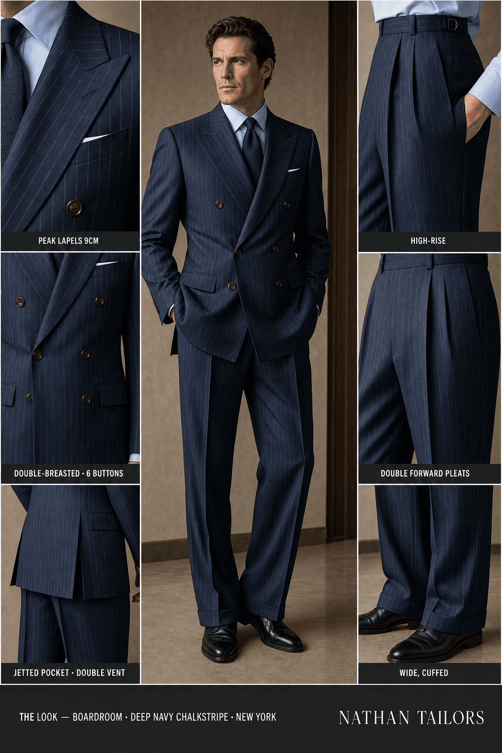 deep navy chalkstripe chalk stripe double-breasted peak-lapel online custom suit — designed online at RemoteSuit. Made-to-measure online custom suit available from $129.