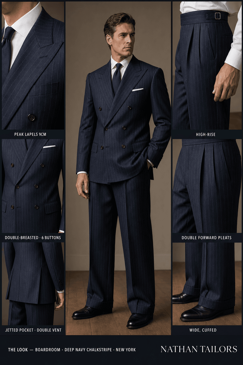deep navy chalkstripe chalk stripe double-breasted peak-lapel online custom suit — designed online at RemoteSuit. Made-to-measure online custom suit available from $109.
