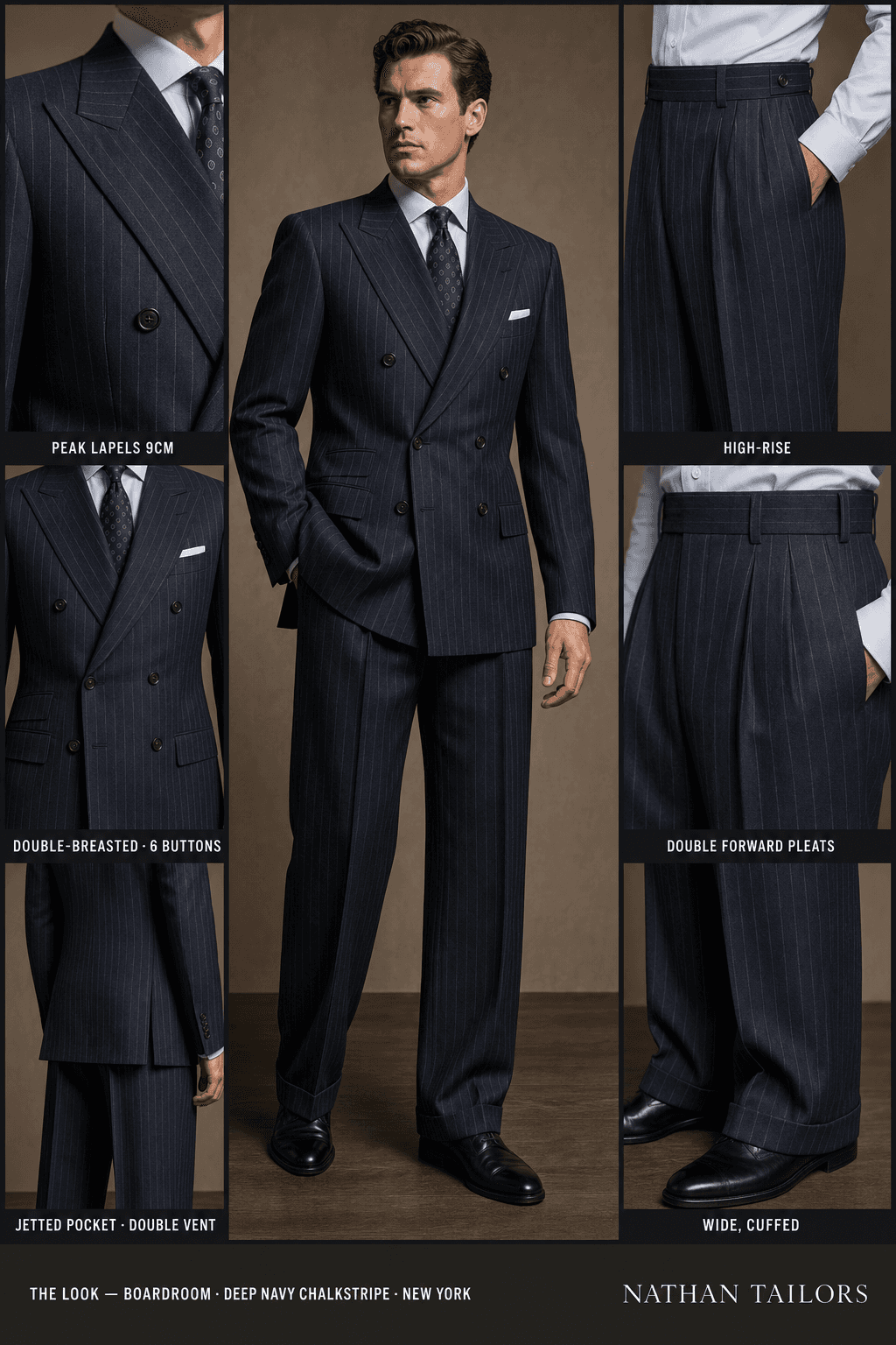 deep navy chalkstripe double-breasted online custom suit — designed at RemoteSuit, made to measure online