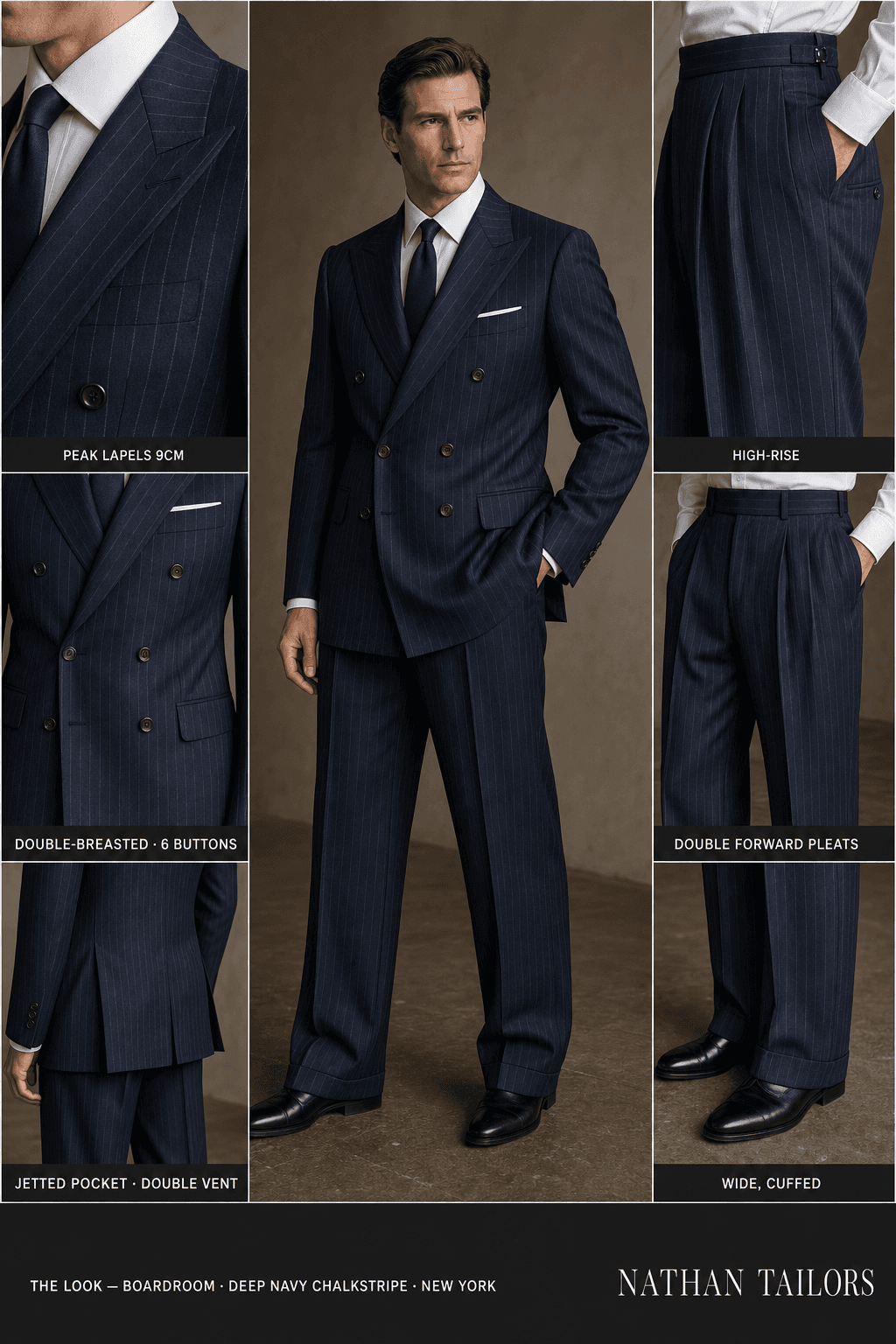 deep navy chalkstripe chalk stripe double-breasted peak-lapel online custom suit — designed online at RemoteSuit. Made-to-measure online custom suit available from $129.