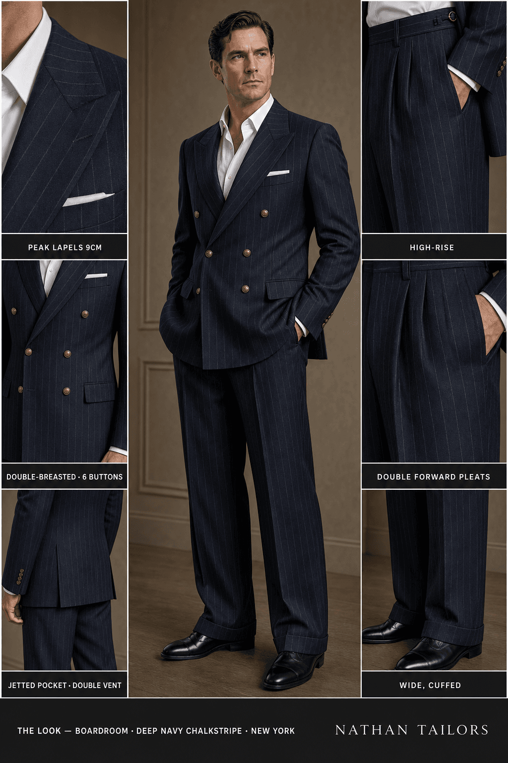 deep navy chalkstripe chalk stripe double-breasted peak-lapel online custom suit — designed online at RemoteSuit. Made-to-measure online custom suit available from $129.