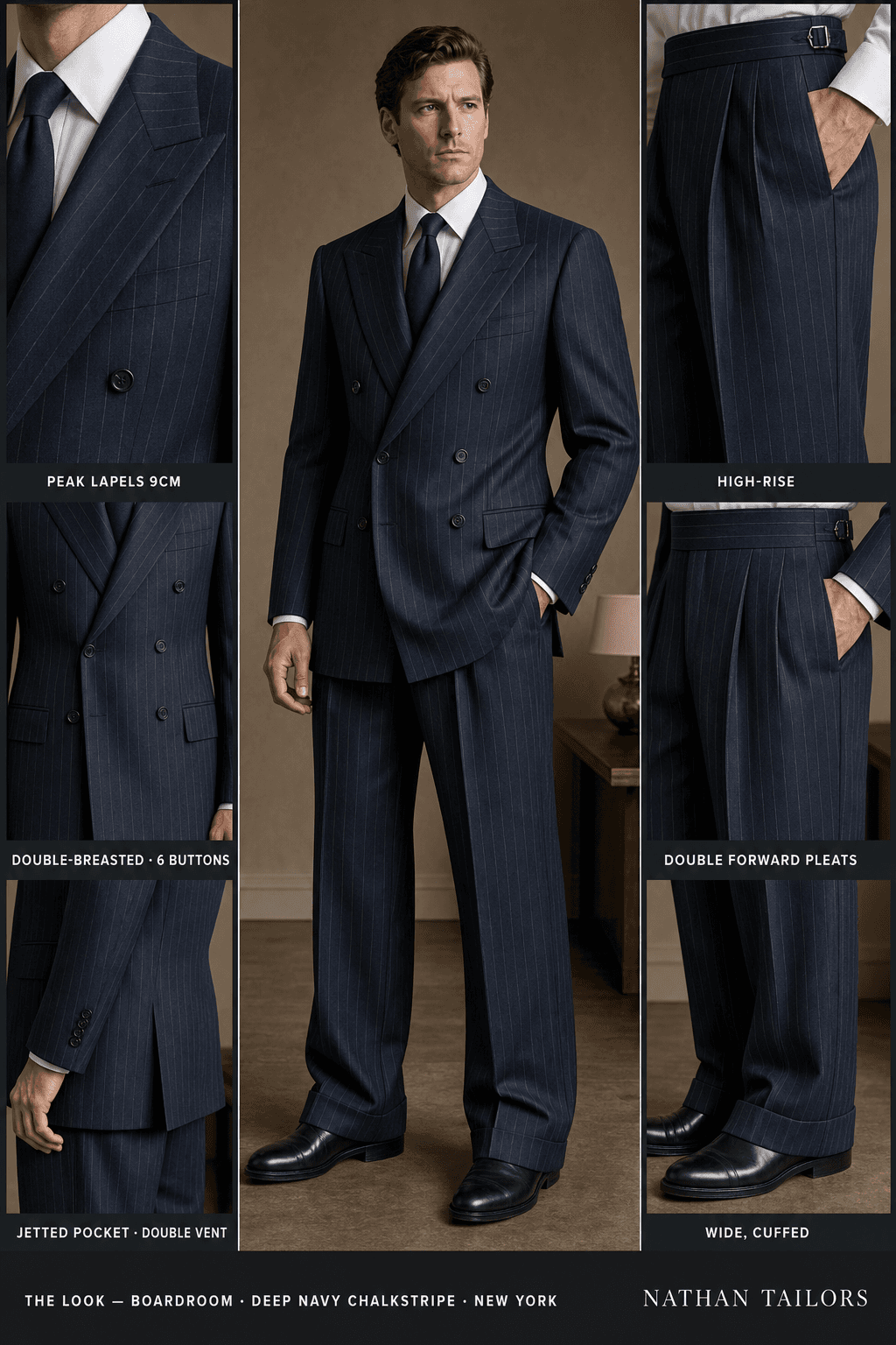 deep navy chalkstripe chalk stripe double-breasted peak-lapel online custom suit — designed online at RemoteSuit. Made-to-measure online custom suit available from $149.