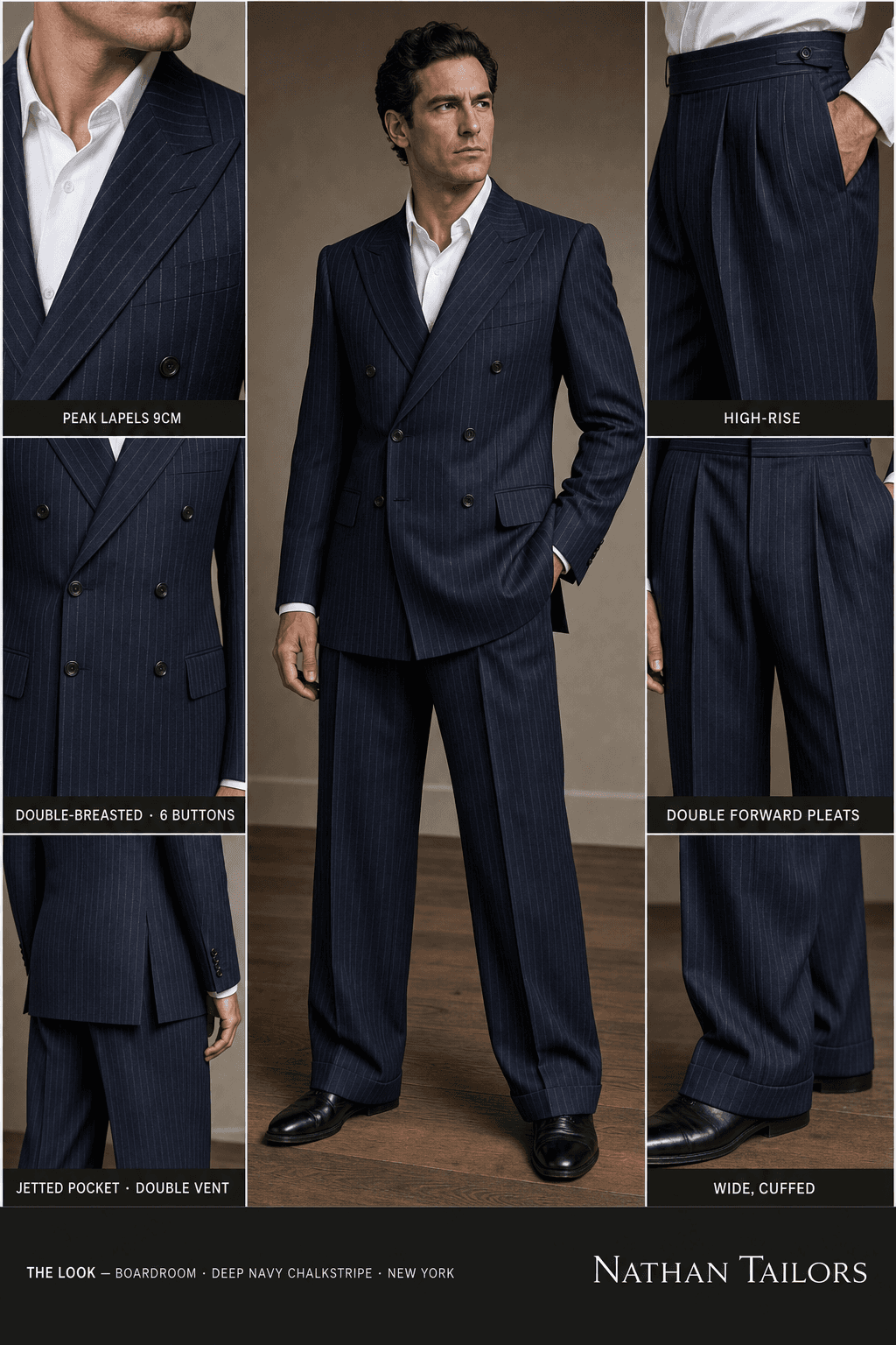 deep navy chalkstripe chalk stripe double-breasted peak-lapel online custom suit — designed online at RemoteSuit. Made-to-measure online custom suit available from $129.