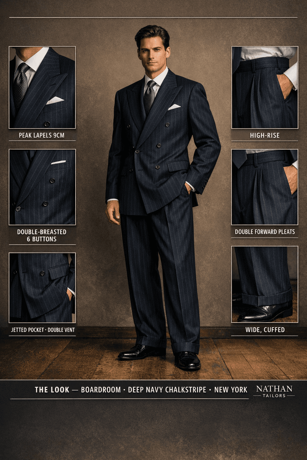 deep navy chalkstripe double-breasted online custom suit — designed at RemoteSuit, made to measure online