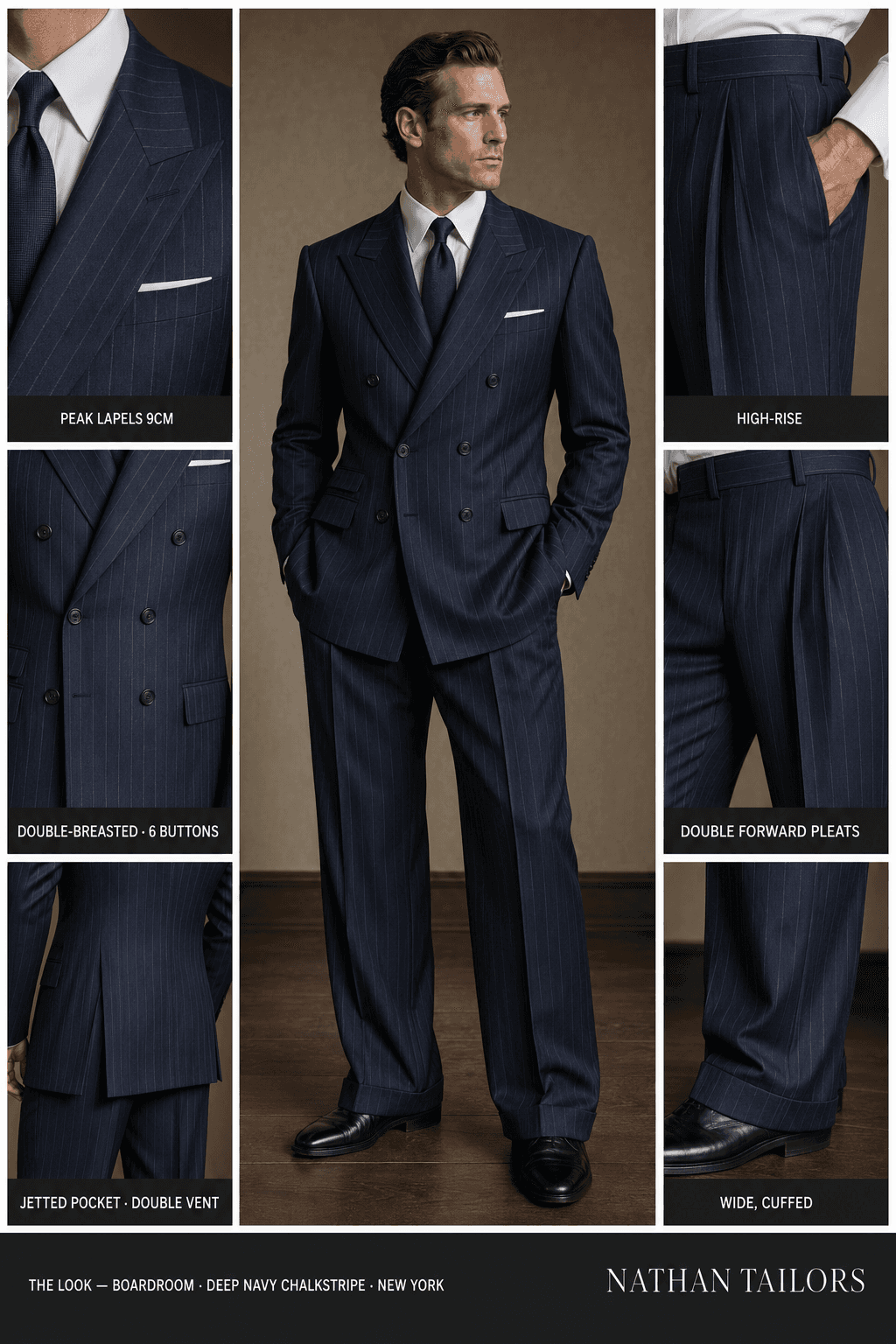 deep navy chalkstripe double-breasted online custom suit — designed at RemoteSuit, made to measure online