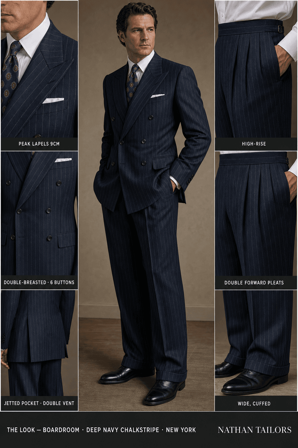 deep navy chalkstripe chalk stripe double-breasted peak-lapel online custom suit — designed online at RemoteSuit. Made-to-measure online custom suit available from $149.