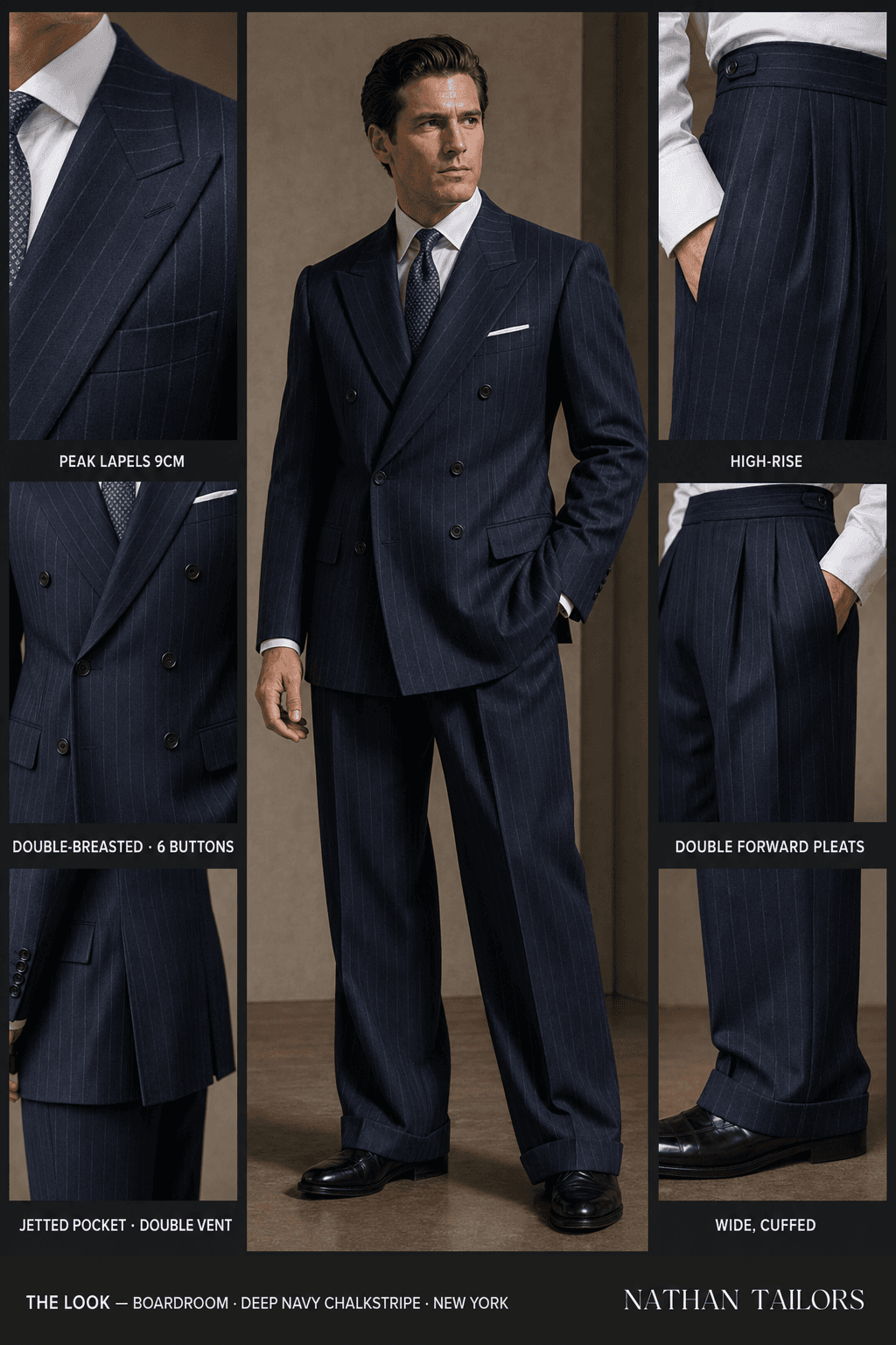 deep navy chalkstripe double-breasted online custom suit — designed at RemoteSuit, made to measure online