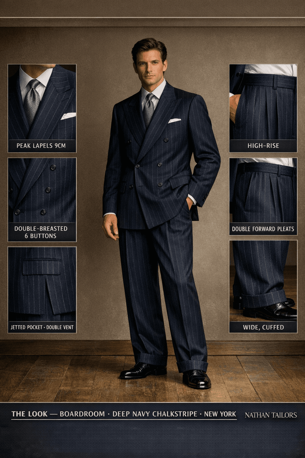 deep navy chalkstripe double-breasted online custom suit — designed at RemoteSuit, made to measure online