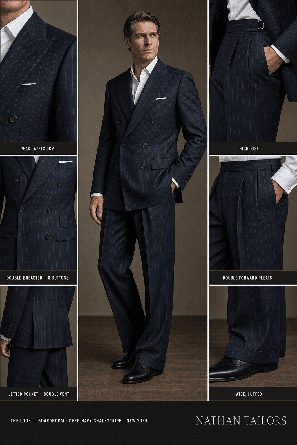 deep navy chalkstripe chalk stripe double-breasted peak-lapel online custom suit — designed online at RemoteSuit. Made-to-measure online custom suit available from $129.