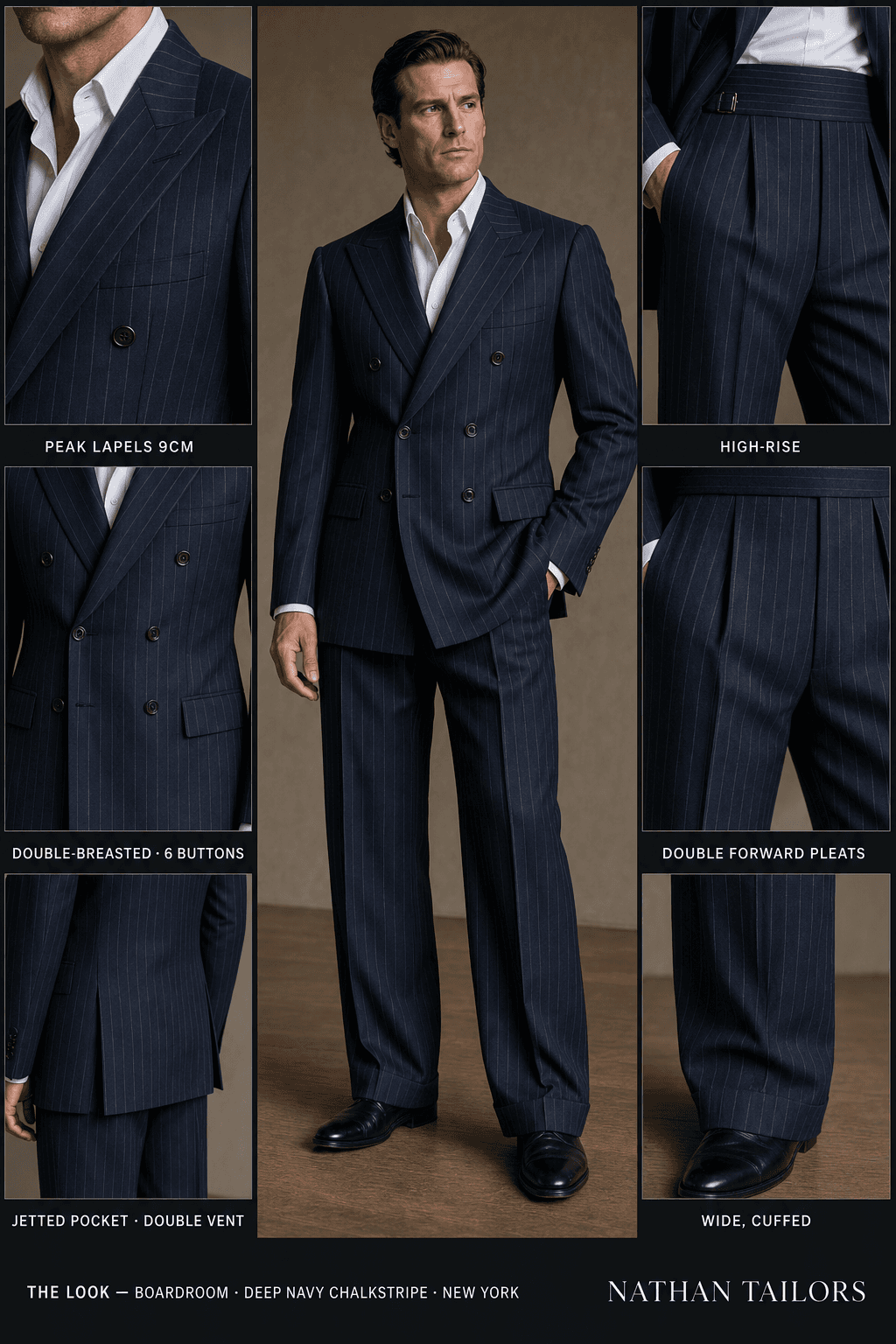 deep navy chalkstripe chalk stripe double-breasted peak-lapel online custom suit — designed online at RemoteSuit. Made-to-measure online custom suit available from $149.