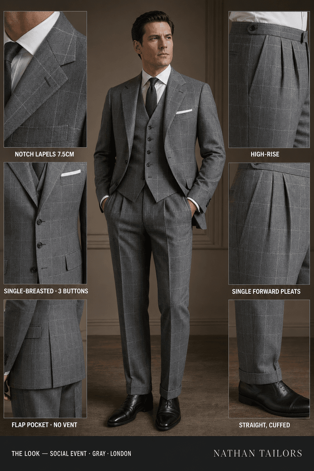 gray windowpane single-breasted notch-lapel online custom suit — designed online at RemoteSuit. Made-to-measure online custom suit available from $109.