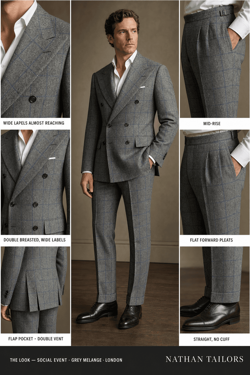 Grey melange double-breasted notch-lapel online custom suit — designed online at RemoteSuit. Made-to-measure online custom suit available from $129.