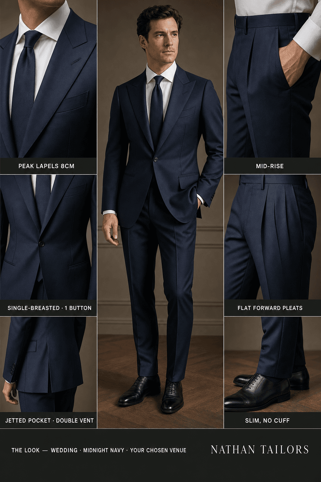 midnight navy single-breasted peak-lapel online custom suit — designed online at RemoteSuit. Made-to-measure online custom suit available from $129.