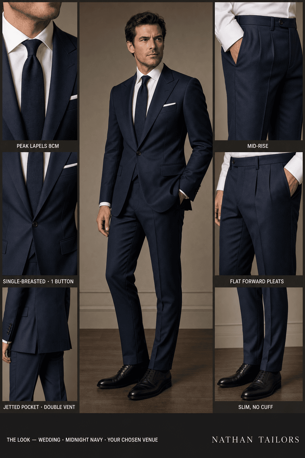 midnight navy single-breasted peak-lapel online custom suit — designed online at RemoteSuit. Made-to-measure online custom suit available from $149.