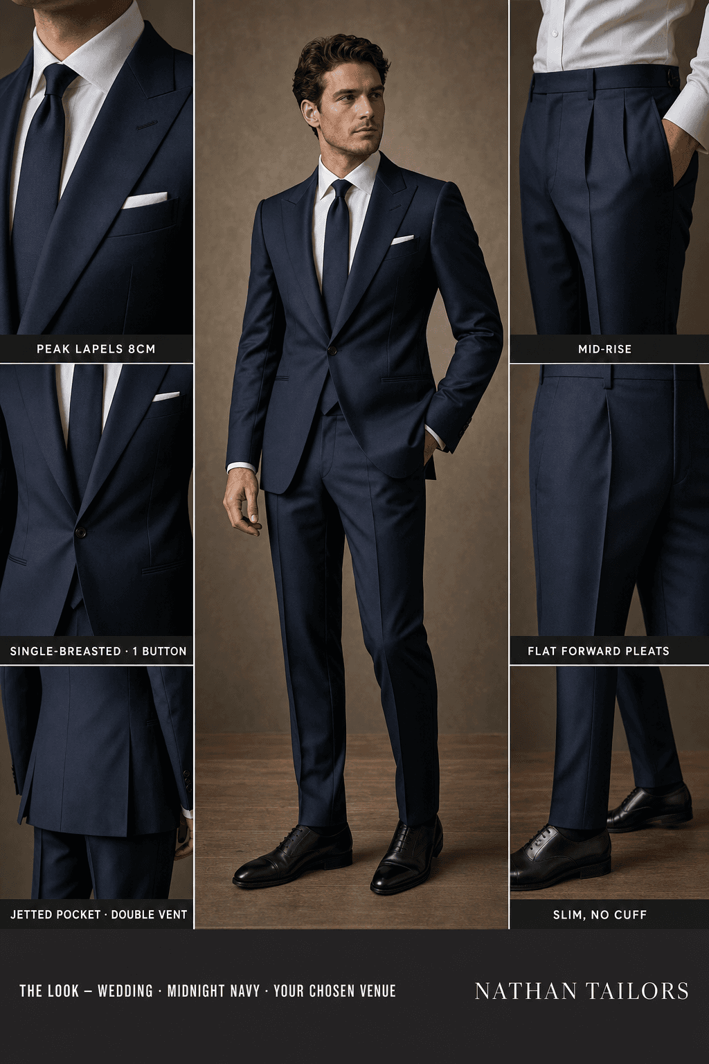 midnight navy single-breasted peak-lapel online custom suit — designed online at RemoteSuit. Made-to-measure online custom suit available from $149.